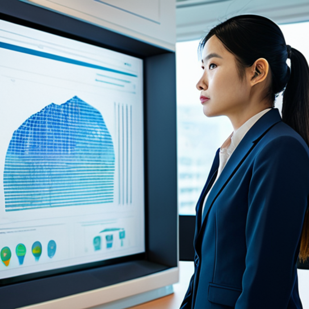 A Vietnamese legal professional, wearing a modest business suit, standing thoughtfully in a modern, brightly lit law office. They are looking at a translucent holographic display or large screen that shows abstract legal documents and subtle, glowing AI network lines, symbolizing the complex intersection of law and artificial intelligence. The atmosphere is professional and contemplative. Perfect anatomy, correct proportions, natural pose, well-formed hands, proper finger count, fully clothed, appropriate attire, safe for work, professional, high-resolution photography, sharp focus, vibrant colors.