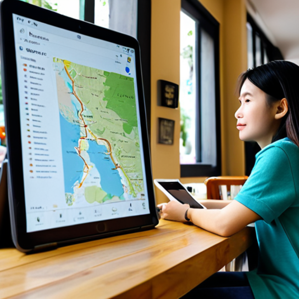 A young Vietnamese traveler, fully clothed in modest, comfortable casual wear, sits at a modern cafe table in Da Lat, thoughtfully reviewing a personalized travel itinerary displayed on a tablet. The tablet screen shows a detailed map and local points of interest like charming cafes and local eateries, generated by Generative AI. The background features a blurred, vibrant cafe interior with soft natural light. The person has perfect anatomy, correct proportions, natural pose, well-formed hands, and proper finger count. The image conveys ease and discovery. safe for work, appropriate content, fully clothed, family-friendly, professional photography, high quality.