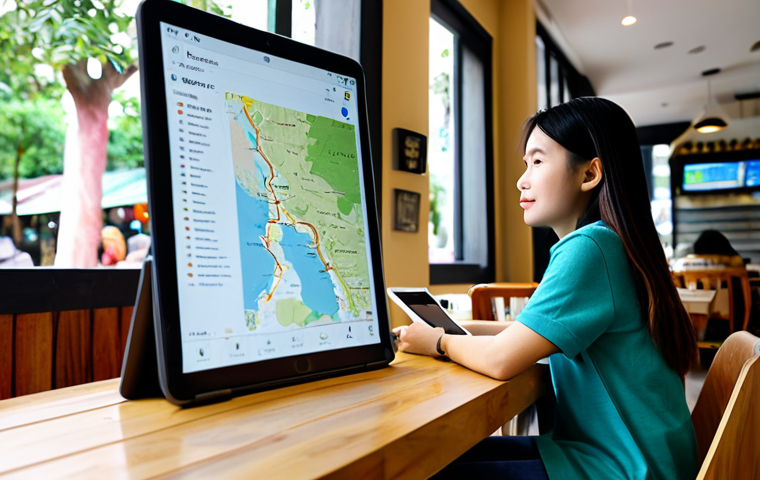 A young Vietnamese traveler, fully clothed in modest, comfortable casual wear, sits at a modern cafe table in Da Lat, thoughtfully reviewing a personalized travel itinerary displayed on a tablet. The tablet screen shows a detailed map and local points of interest like charming cafes and local eateries, generated by Generative AI. The background features a blurred, vibrant cafe interior with soft natural light. The person has perfect anatomy, correct proportions, natural pose, well-formed hands, and proper finger count. The image conveys ease and discovery. safe for work, appropriate content, fully clothed, family-friendly, professional photography, high quality.