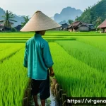 Home 19 생성형 AI와 지속 가능성의 연관성 - **Prompt:** "A vibrant, panoramic view of a lush green rice paddy field in rural Vietnam, bathed in ...