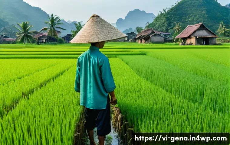 생성형 AI와 지속 가능성의 연관성 - **Prompt:** "A vibrant, panoramic view of a lush green rice paddy field in rural Vietnam, bathed in ...