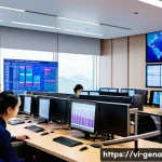 Home 21 생성형 AI를 통한 뉴스 기사 작성하기 - A modern Vietnamese newsroom scene with diverse journalists collaborating alongside advanced AI-driv...