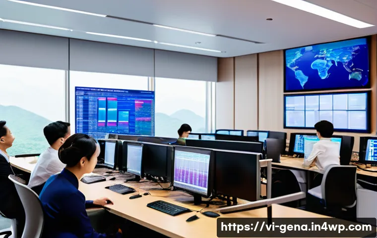 생성형 AI를 통한 뉴스 기사 작성하기 - A modern Vietnamese newsroom scene with diverse journalists collaborating alongside advanced AI-driv...
