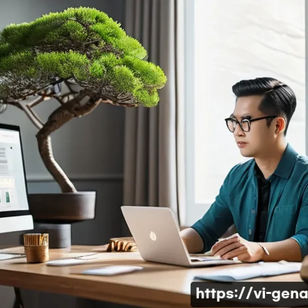 생성형 AI와 콘텐츠 큐레이션 기법 - A modern Vietnamese content creator working at a sleek, minimalist home office with multiple screens...