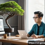 Home 20 생성형 AI와 콘텐츠 큐레이션 기법 - A modern Vietnamese content creator working at a sleek, minimalist home office with multiple screens...