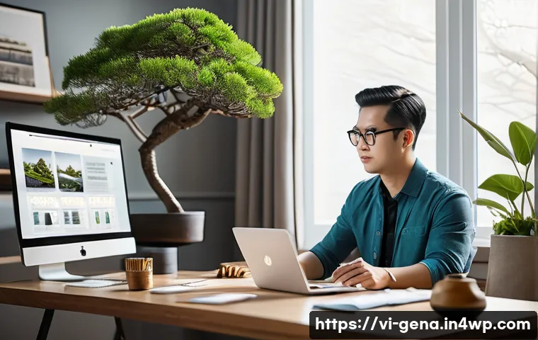 생성형 AI와 콘텐츠 큐레이션 기법 - A modern Vietnamese content creator working at a sleek, minimalist home office with multiple screens...