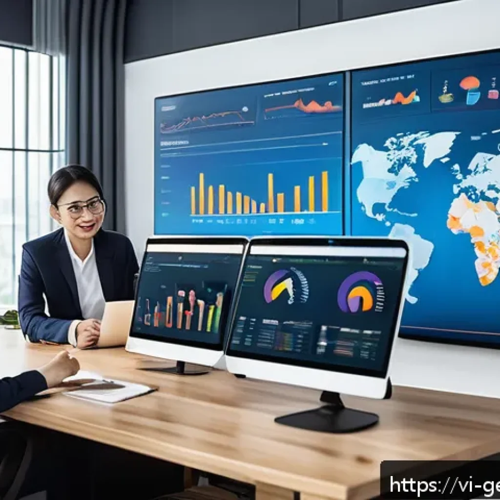 생성형 AI의 인사이트 도출 전략 - A modern Vietnamese business office scene with diverse professionals collaborating around a large di...
