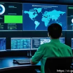 Home 23 생성형 AI로 사이버 보안 강화하기 - A futuristic Vietnamese cybersecurity control room with diverse IT professionals monitoring multiple...