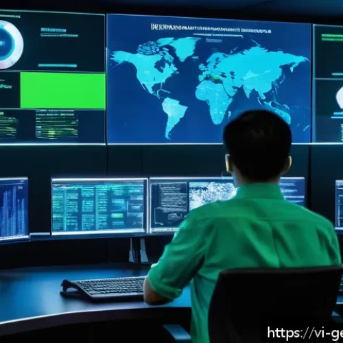 Home 17 생성형 AI로 사이버 보안 강화하기 - A futuristic Vietnamese cybersecurity control room with diverse IT professionals monitoring multiple...